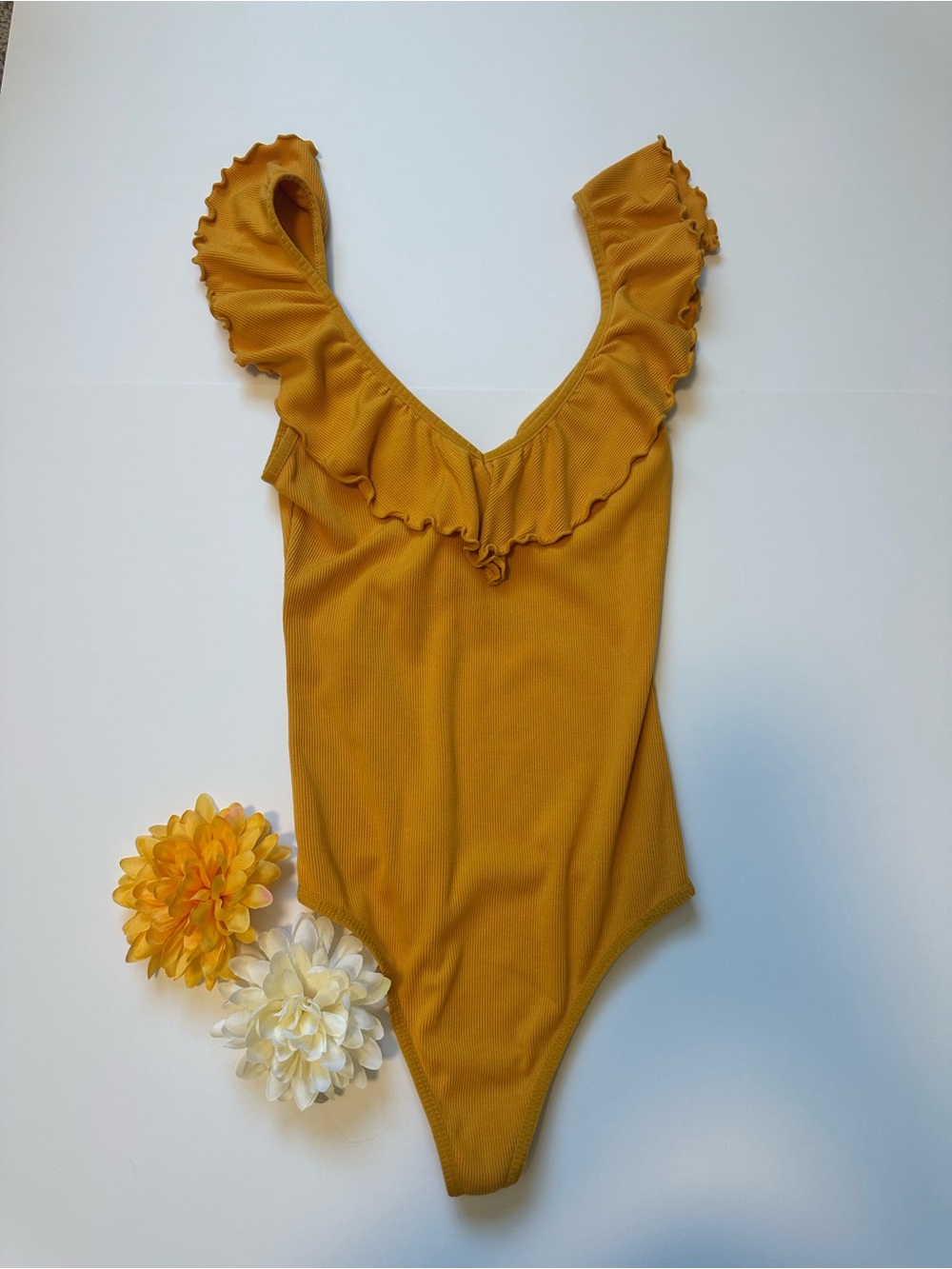 Babaton Mustard Ruffle One-Piece Bodysuit